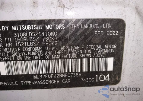 2022 Mitsubishi Mirage G4 Es from USA, damaged, VIN ML32FUFJ2NHF07365